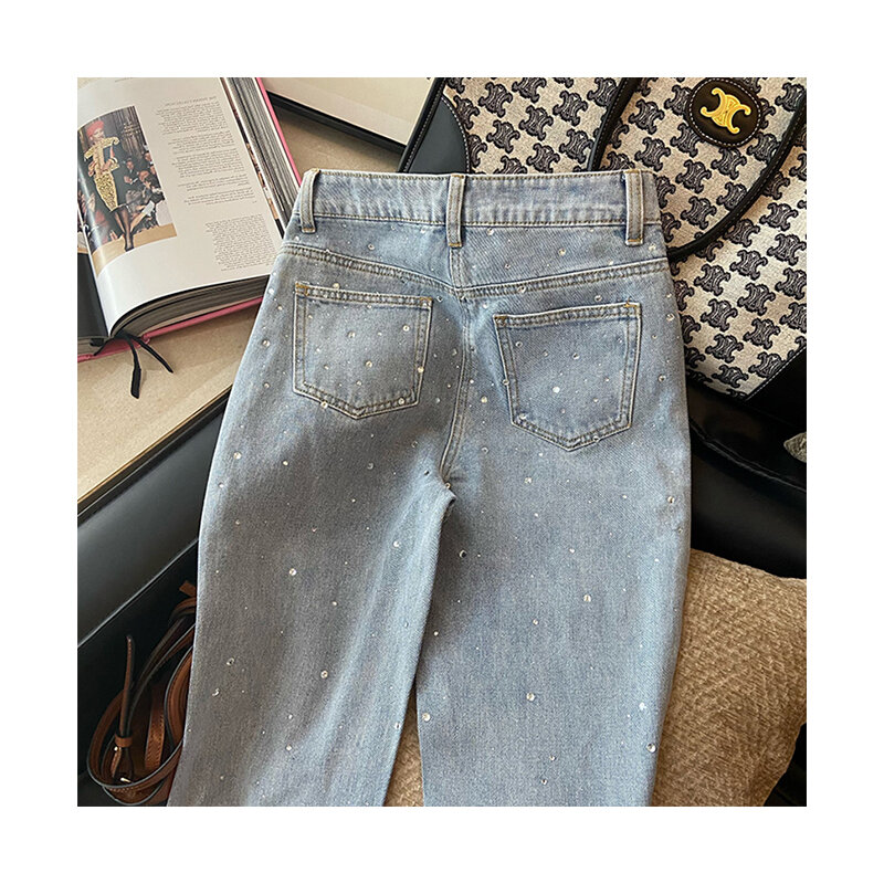 بنطلون جينز نسائي صيفي واسع الساق من قماش الدنيم الأزرق ذو الخصر العالي من الألماس بنطلون فضفاض مستقيم جينز عصري للشارع