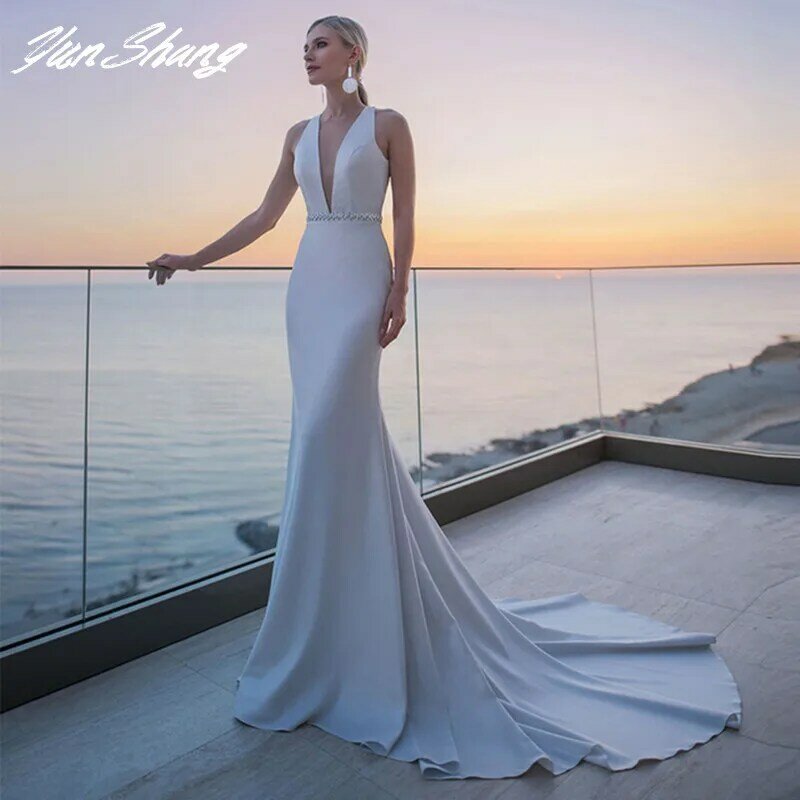 YunShang – robe de mariée sirène en Satin, Sexy, sans manches, décolleté en v profond, traîne, dos ouvert, avec ceinture en cristal, 2021