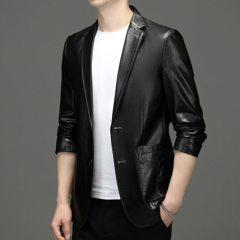Leather Suit Collar Leather Jacket Casual Leather Coat Men's Blazer 2022 Spring and Autumn New Mens Jacket
