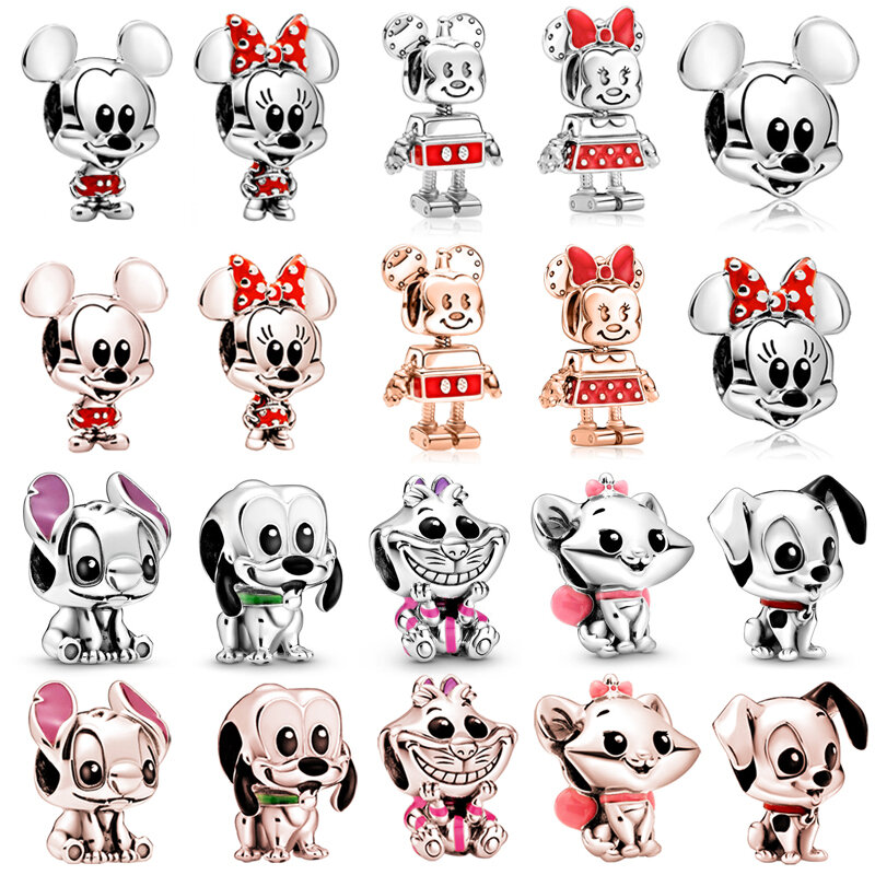 Fit Original Pan Encantos Pulseira Homens Rose Cor Prata Ponto Mickey Mouse Beads DIY Pulseira de Jóias Para As Mulheres Bonito Disney Minnie