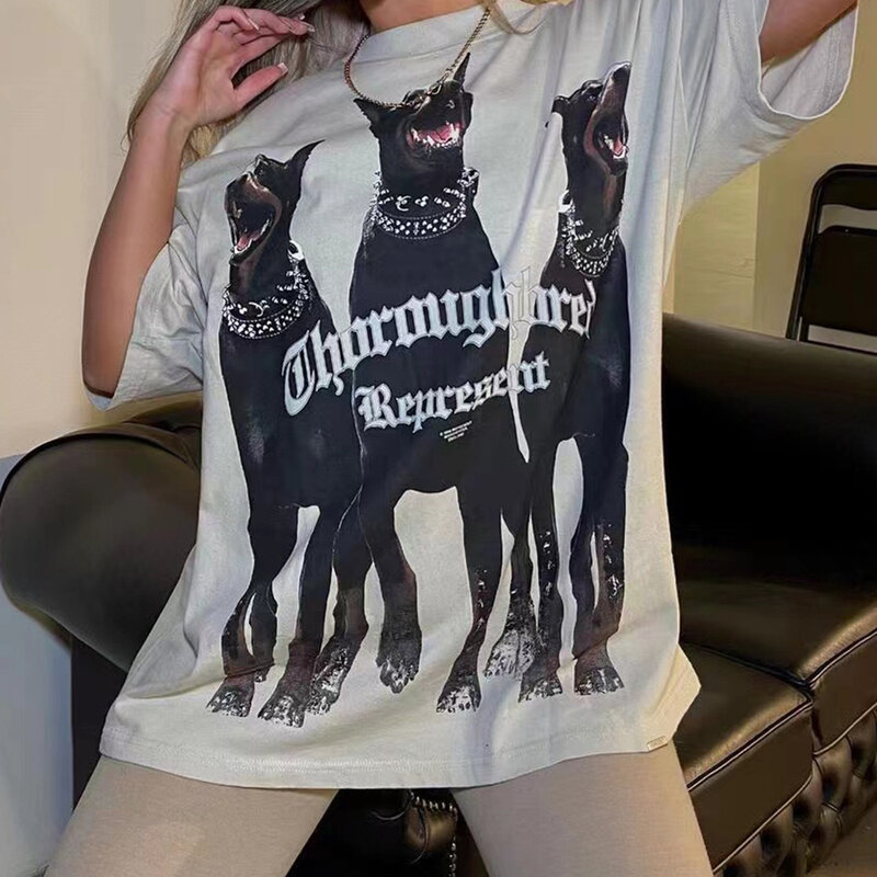 하라주쿠 티셔츠 남성 여름 강아지 글자 프린트 빈티지 티셔츠 힙합 스트리트웨어 코튼 오버사이즈 루즈핏 워시 탑 티셔츠, 여름 2022