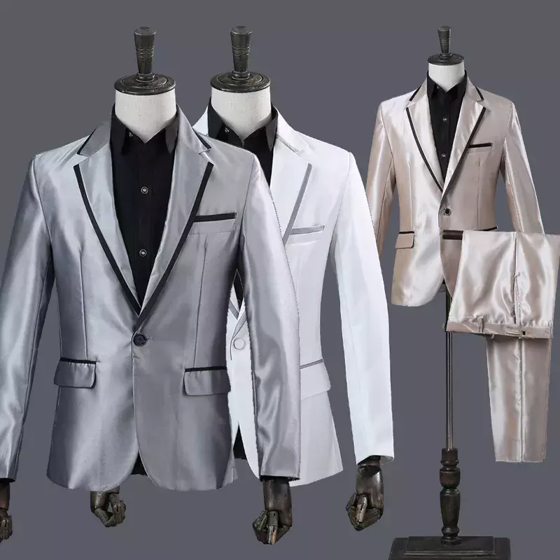 Trajes de 2 piezas para hombre, traje de cantante de escenario de corte Vintage para boda, ropa, traje de cantar con botonadura, negro, blanco y plata