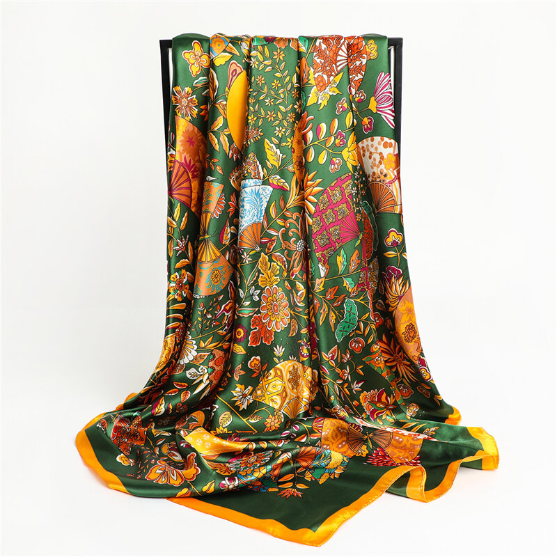 Bufanda cuadrada de seda satinada para mujer, con estampado Floral Hijab, chales para mujer, diadema, pañuelo para el cuello, Foulard de 90x90cm