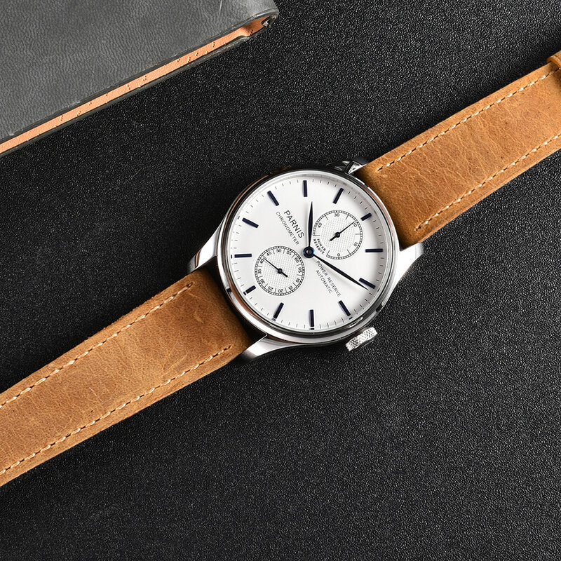 Moda parnis 43mm prata caso automático relógios mecânicos masculinos pulseira de couro esportes relógio masculino topo da marca de luxo reloj hombre