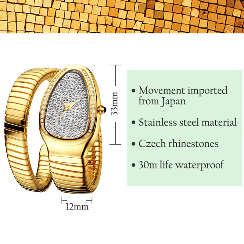 MISSFOX-relojes de lujo con cabeza de serpiente para mujer, pulsera de cuarzo con esfera de diamante completa y bisel flexible