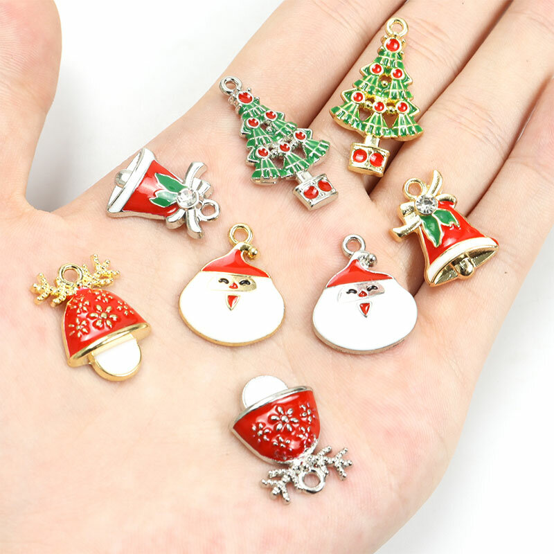 10pcs Enamel Christmas Tree Santa Claus Charms Christmas Elk Bells Alloys Pendants DIY Making Necklace Xmas Charms Decor Jewelry