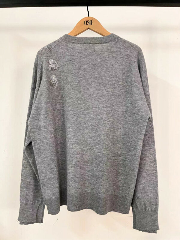 Suéter de mezcla de Cachemira y lana para mujer, jersey de manga larga con diamantes de imitación, cuello redondo, novedad de 2022