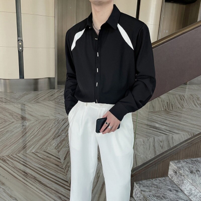 สุทธิคนดังโซเชียลเสื้อผู้ชายออกแบบเสื้อแขนยาวหลวมๆ Niche ความคมชัดสีสีดำสีขาวเสื้อผ้า