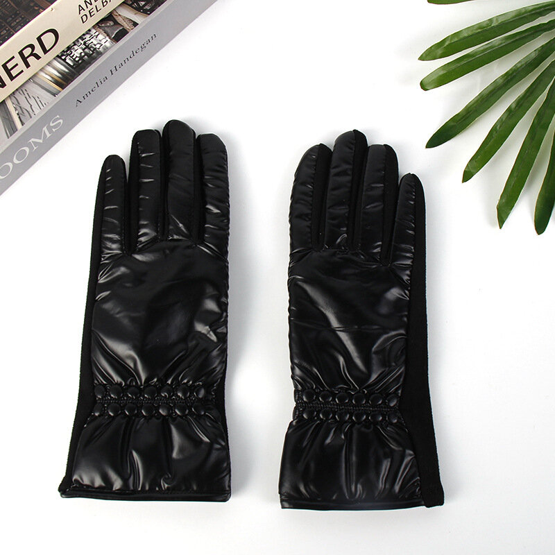 Winter Fashion Shiny Splicing Gloves Women Driving Cycling Windproof Full Finger Touch Screen Keep Warm Thicken Mittens T224