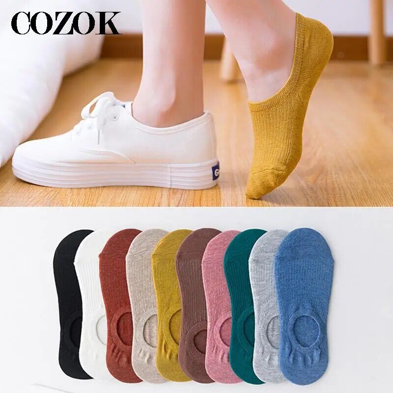 5 paires de chaussettes invisibles antidérapantes en Silicone pour femmes, chaussons d'été en coton doux, couleur unie, pour bateau, EUR35-39