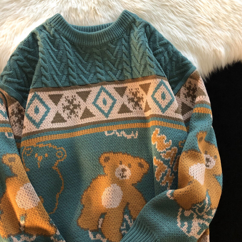 Japońskie Retro Vintage sweter kreskówka niedźwiedź miłośników sweter mężczyzn i kobiet wiosną i jesienią cienki odcinek wysokiej mody leniwy dzianiny