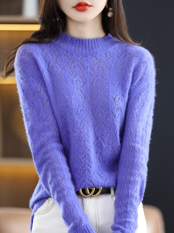 女性用ショートネックセーター,透かし彫りのセーター,カシミヤ,春秋ファッション,100%