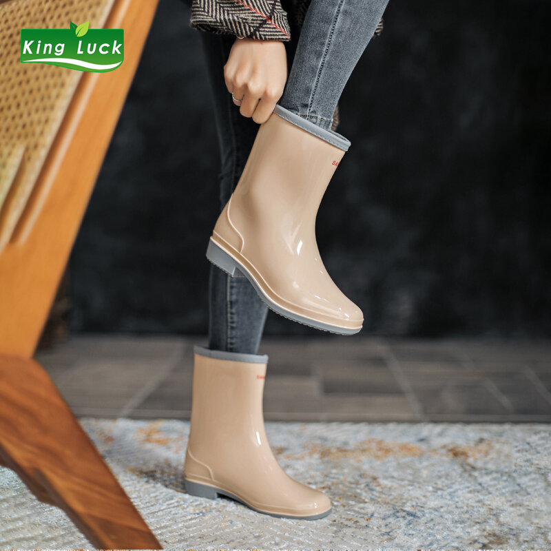 KingLuck-Botas de lluvia de goma para mujer, zapatos antideslizantes de 0,9 kg, impermeables, de plástico, a media pantorrilla, color Beige
