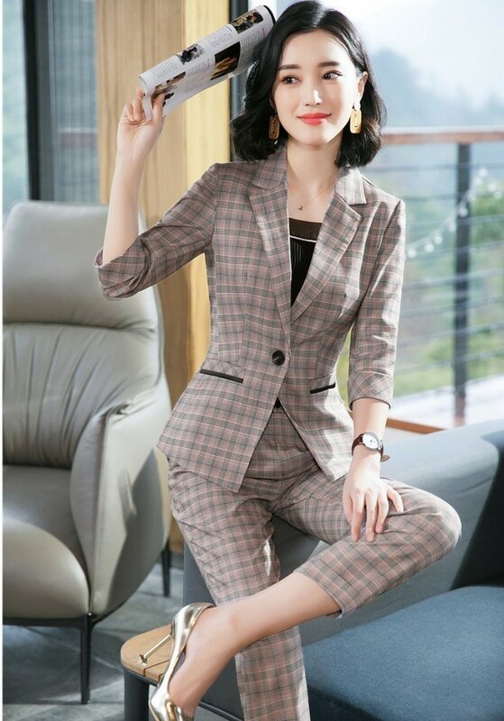 Formal mulher terno de negócios com calças e jaquetas casaco ol estilos senhoras trabalho wear blazers calças ternos elegante xadrez