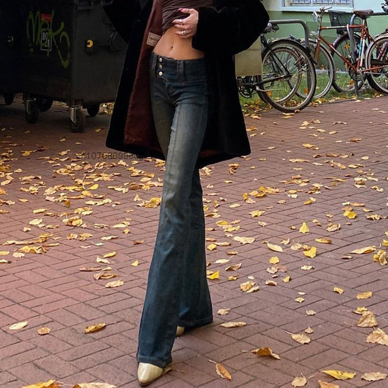 Moda do vintage streetwear flare jeans solto casual para calças de roupas femininas retro estética jeans magros senhoras menina y2k na moda