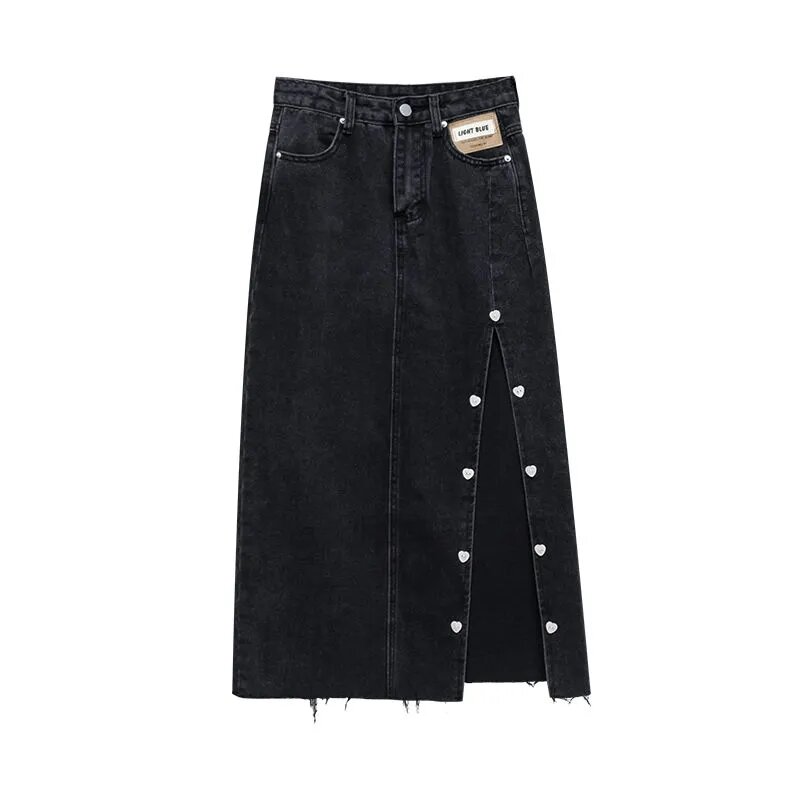 Mulher preta saia jeans gótico vintage split midi saias 2023 primavera outono harajuku cintura alta punk estilo jeans saia feminina