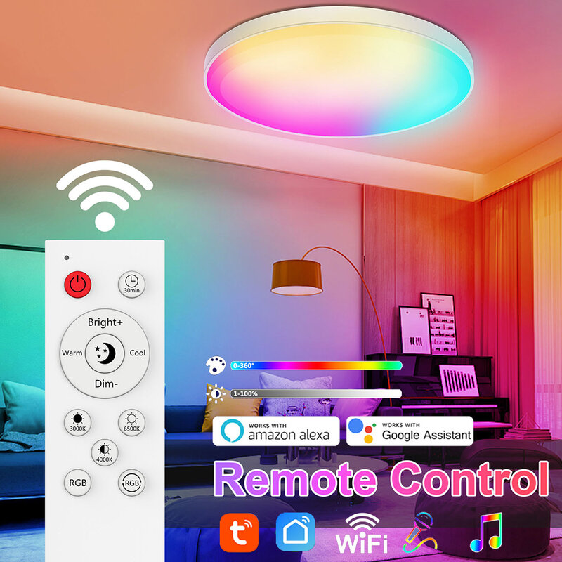 Bluetoothとwifiを備えたインテリジェントなLEDシーリングライト,リモコンと音声制御,Google Home,リビングルームの装飾,wifi,30W,48W