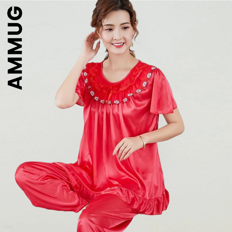 Ammug Pajamas Fashion Women Kawaii Pyjamas Homewear For Middle Age Satin Pajamas Set Lovely Sleepwear Female Nightgown Clothes