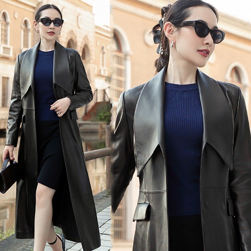 Pele de ovelha jaqueta de couro genuíno elegante marca luxo longo fino jaqueta caber com v rendas streetwear alta qualidade feminino