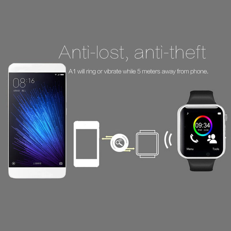 Montre connectée A1, Bluetooth, podomètre, avec carte SIM, appareil photo, pour Android