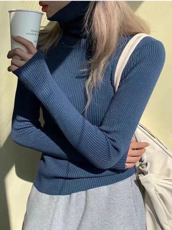 Damski sweter zimowy z golfem sweter z długim rękawem elegancki Casual jednolite topy Femme modna odzież wierzchnia luźna bluzka