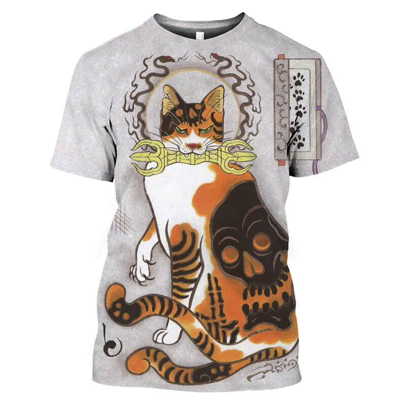 Camisetas con estampado de gato samurái japonés para hombres y mujeres, camisetas con estampado de arte clásico, camisetas holgadas de manga corta con cuello redondo a la moda