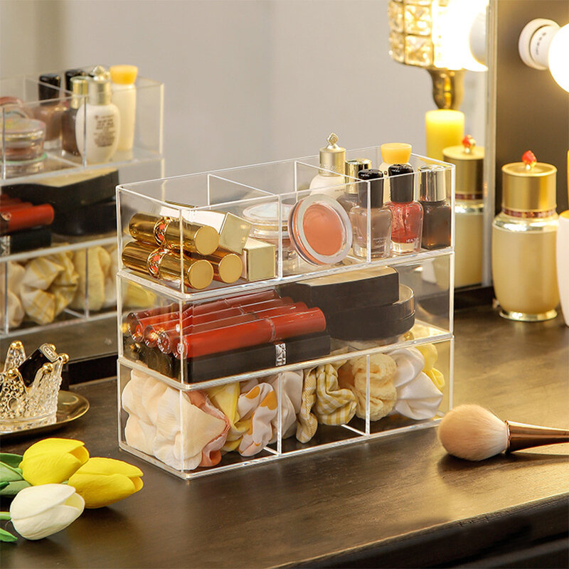 Organizer For Cosmetics Clear Acrylic Durable Makeup Storage Box Dressing Table Lipstick Finishing Grid Desktop Drawer Storage