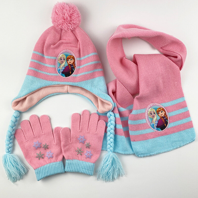 Sombrero de lana suave para niñas, traje cálido de tres piezas, bufanda, guantes, gorro de princesa de invierno para niñas de 7 a 12 años