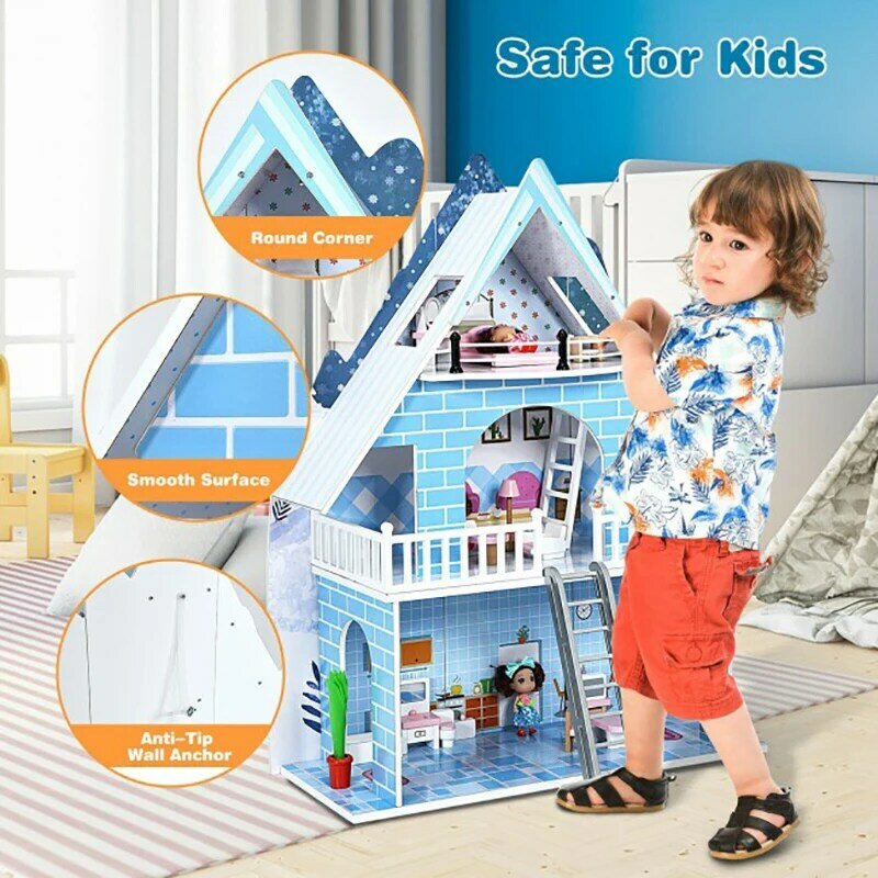 Casa de muñecas de madera de 3 pisos para niños, muebles de imitación, Material Premium seguro, superficie lisa, esquinas redondas, juegos de muebles