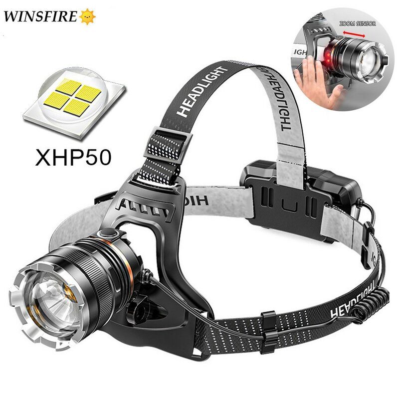 Налобный фонарь XHP50 с датчиком масштабирования, водонепроницаемый супер яркий уличный фонарь для рыбалки с зарядкой от USB, освещение для кем...