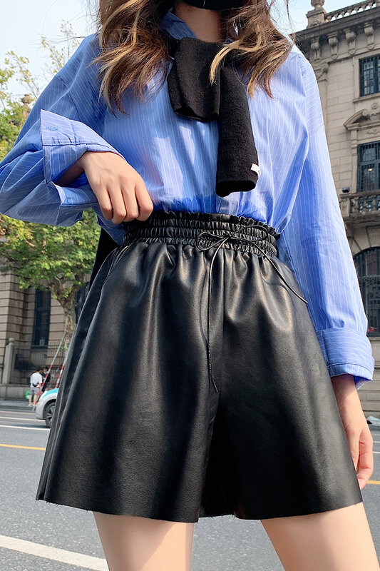 Pantalones cortos informales de cuero para mujer, pantalón holgado de pierna ancha, cintura alta, color negro, otoño e invierno, 990F