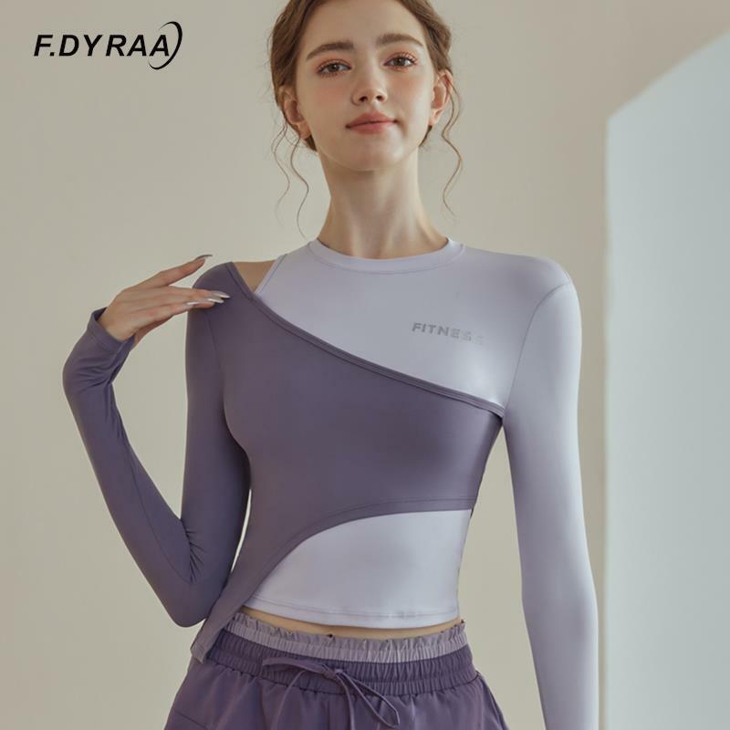 F.DYRAA Women Patchwork Color Sports Shirts Fake Two Pieces Off Shoulder Yoga Shirts Irregular Hem Tops Fitness Gym Sportswear