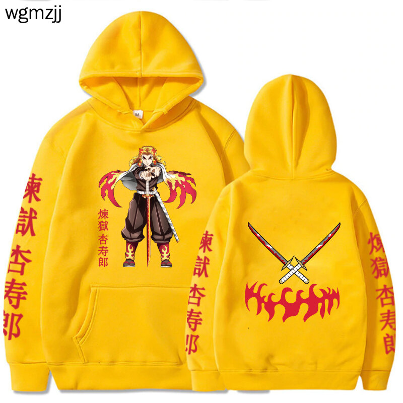 เสื้อฮู้ดอนิเมะ Demon Slayer Rengoku Kyoujuro Harajuku Pullovers Tops Warm ฤดูหนาวกลางแจ้งผ้า