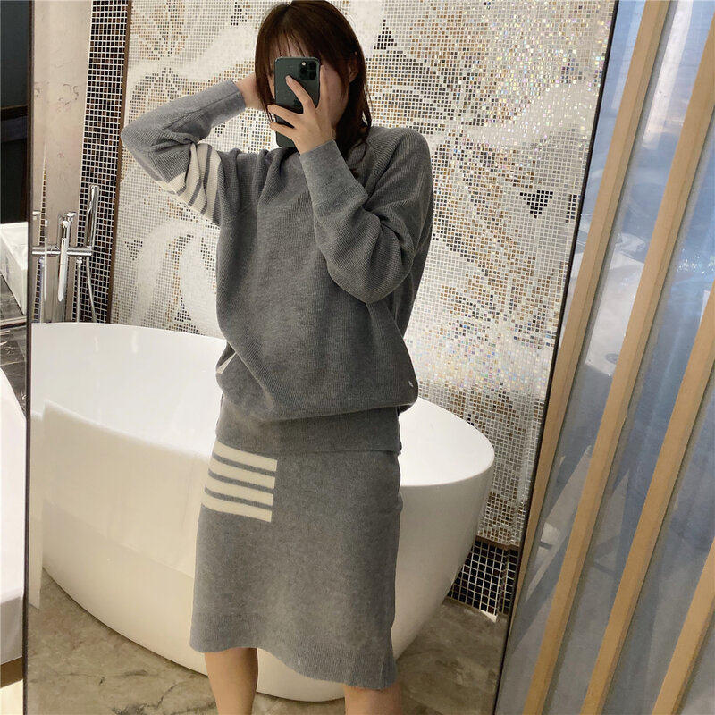 Jesień i zima nowy TB koreański styl cztery paski wafel pasek wełny sweter z dzianiny sweter spódnica garnitur dwuczęściowy zestaw