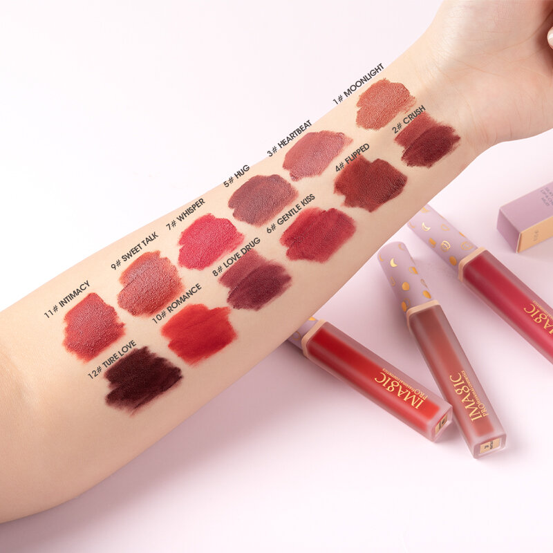 Lipstik & LipGloss Cair Matte IMAGIC New12-Colors Kosmetik Rias Bibir & Pipi Lembut Antilengket Tahan Lama & Tahan Lama