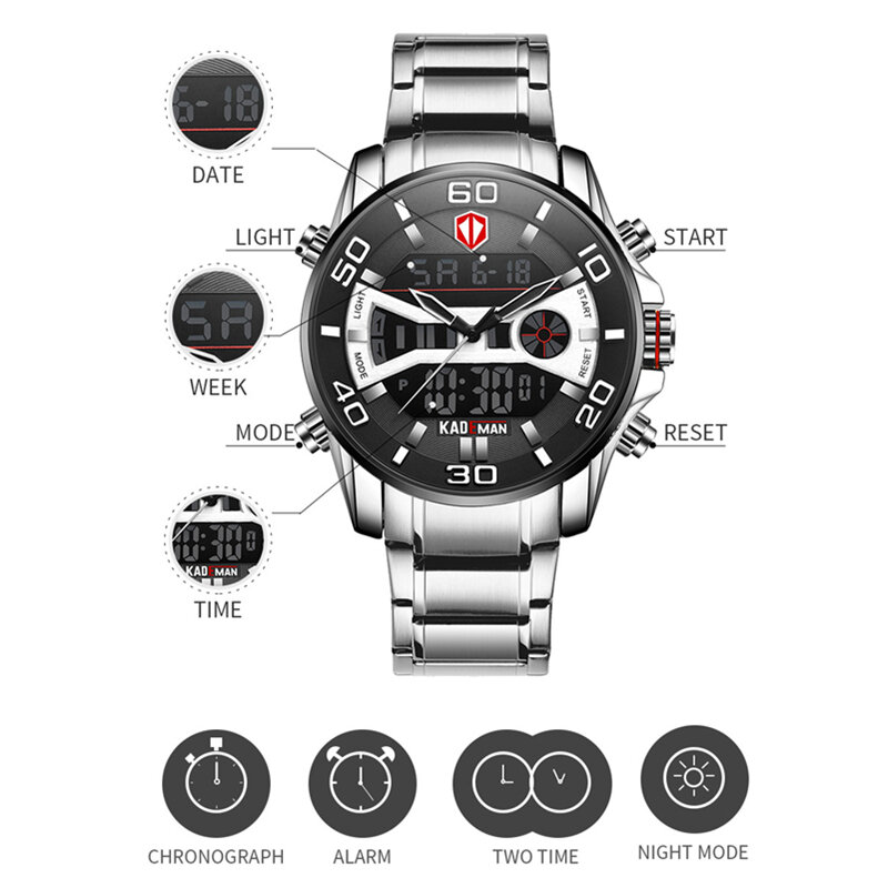 Mens Watches LED Dual Display 2 Time Zoon Calendar Stopwatch Multifunctional Waterproof Sports Watch for Men Male Students K6171