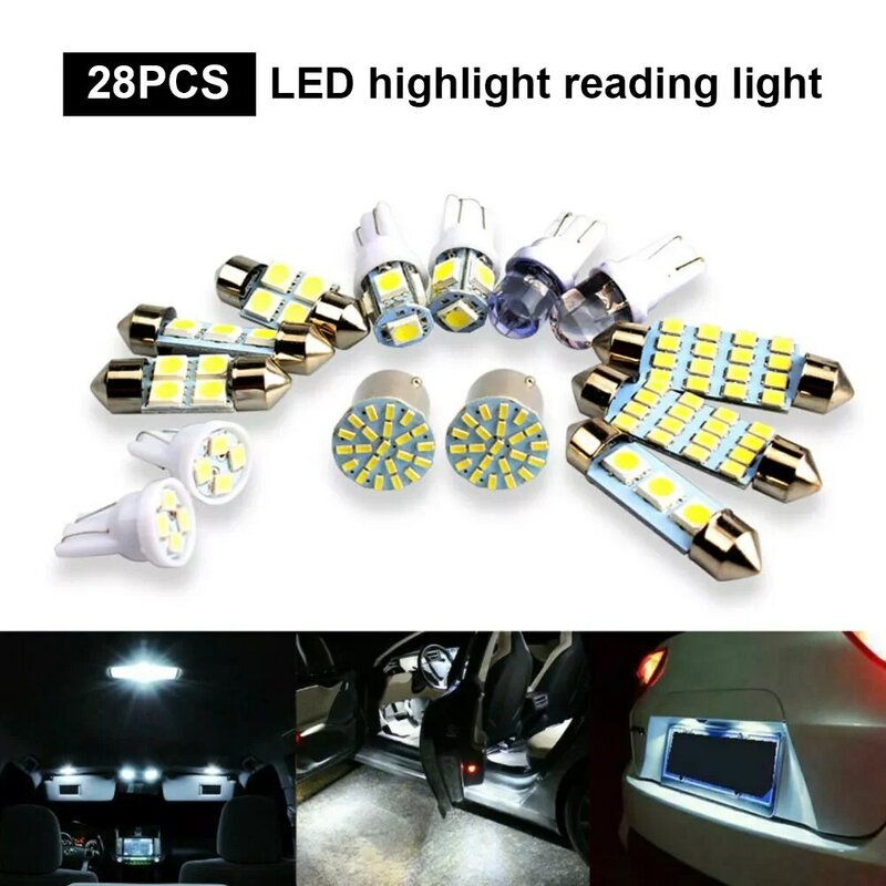 28 Buah 6000K 10W Lampu LED Interior Mobil Otomatis Pelat Nomor Lampu Campuran Lampu Kubah Interior Lampu Bagasi Set Bohlam Parkir