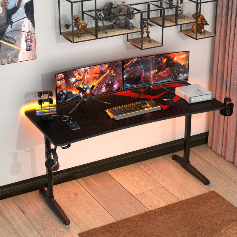 60 дюймовый игровой компьютерный стол, домашний офис I-образная структура с искусственной кожей, подставка для контроллера, подставка для чашки и искусственная кожа