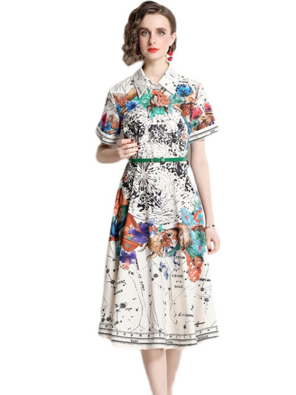 Lato 2022 nowych moda pojedyncza jednorzędowa koszula sukienka w stylu Vintage konstelacja drukowanie spódnica linii Casual Midi długie sukienki