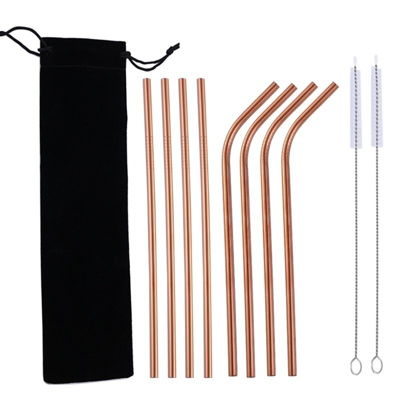 10 Pcs Metal Reusable 304 Stainless Steel Straws Straight Bent Drinking Straw with Case Cleaning Brush Set Party Bar Accessory