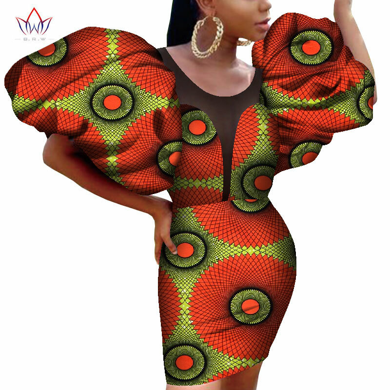 Afrykański lato ołówek Mini sukienka dla kobiet BINTAREALWAX duże bufiaste rękawy powyżej kolana długość Sexy kobiety bawełniana sukienka Ankara WY8585