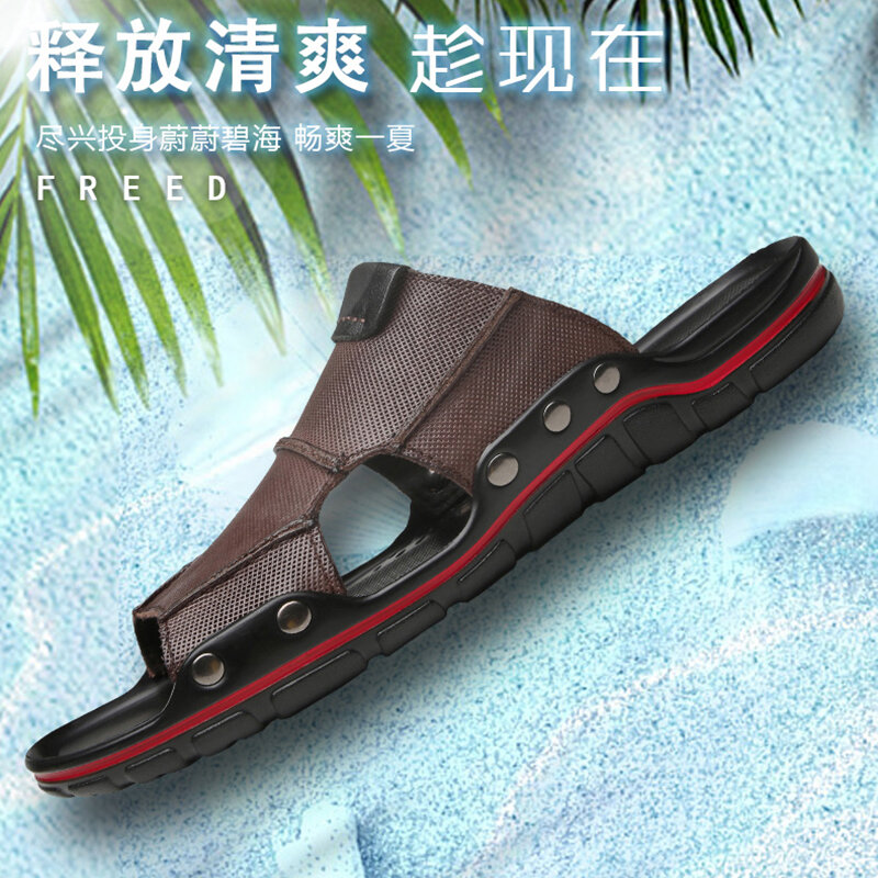 Pantoufles d'été en cuir véritable pour hommes, sandales plates respirantes, chaussures de plage classiques en cuir, tongs d'extérieur