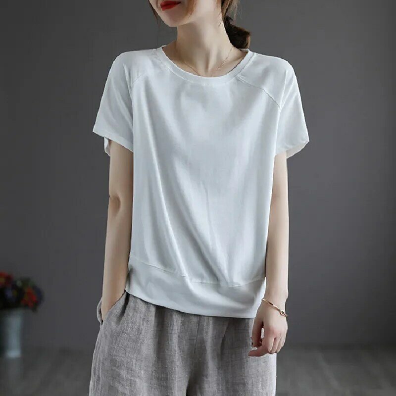 Literary classic solid color cotton short sleeve T-shirt women's summer new thin loose pullover crewneck top