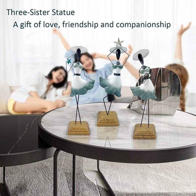 3 قطعة التماثيل الأخوات رسمت باليد النساء الفن التماثيل الصداقة المنحوتات المعادن ديكور المنزل الحرف هدية للأخوات صديق