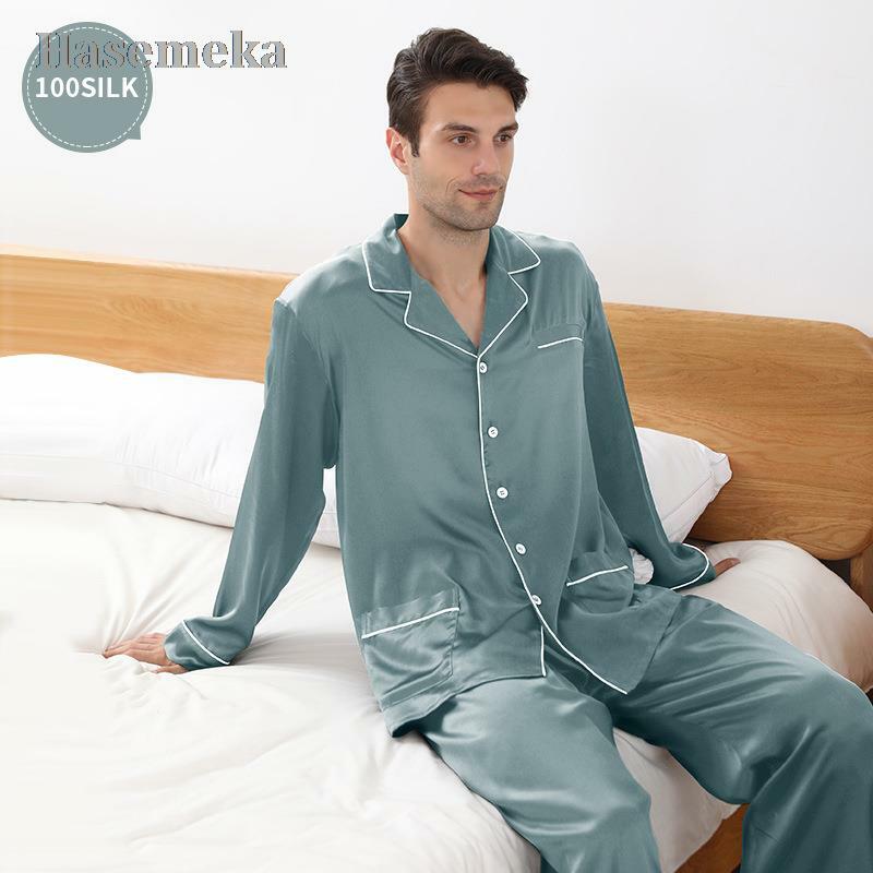 100% prawdziwe jedwabne grubsze piżamy dla człowieka 22 Mm w nowym stylu męskie spodnie nocne z długimi rękawami zestaw domowa bielizna nocna