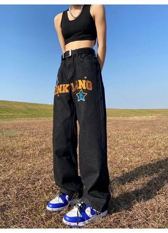 Estilo de rua lazer jeans bordado high street hip hop nicho jeans masculino e feminino primavera e verão americano calças de perna larga