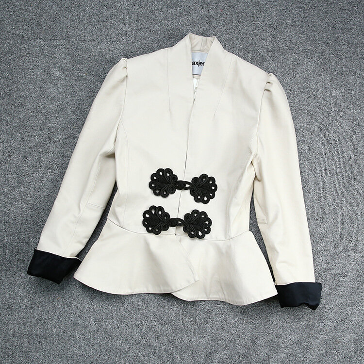 2022 primavera nova chegada das mulheres jaqueta de couro genuíno contraste chinês retro bolha mangas fino casaco de couro da cintura