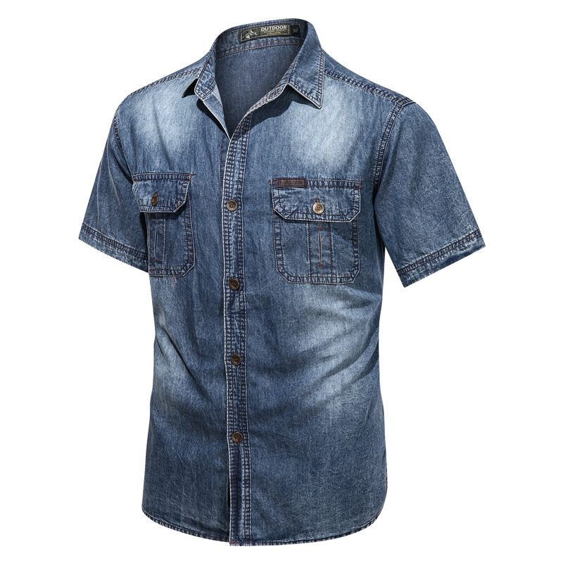 2022 Summer Men Denim Shirt Mens Short Sleeve Soft Cotton Breathable Slim Fit Jeans Shirts Washed Casual Male Cowboy Shirt 3xl