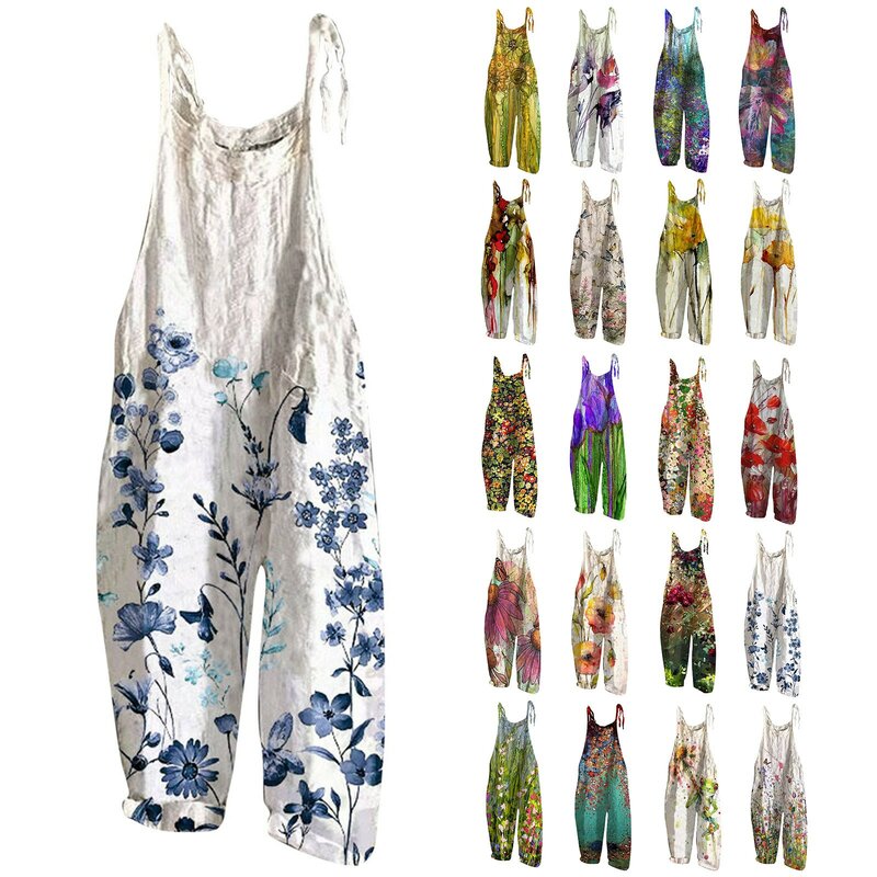 Womens Casual Floral Print Adjustable Straps Jumpsuits Wide Leg Loose Fit Homecoming Pants Outfit Junior Linen Loose Jumpsuit