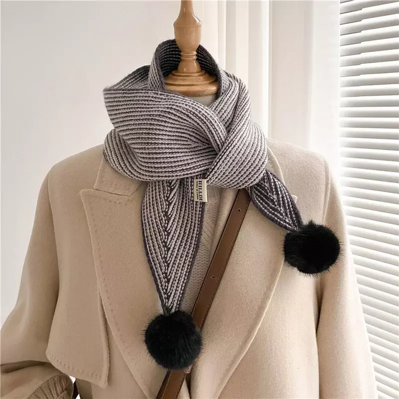 Warm Winter Skinny Women Scarf 2022 Luxury Design Knitted Small Neck Tie with Ball Foulard Female Neckechief Shawl Wraps Bufanda